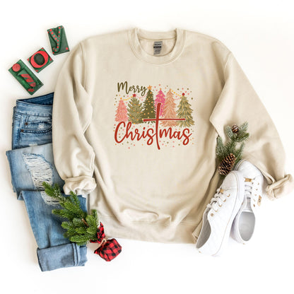 Merry Christmas Trees Sweatshirt, Boho Merry Christmas With Trees Sweatshirt, Bright Christmas Trees, Christmas Sweatshirt, Xmas Sweatshirt