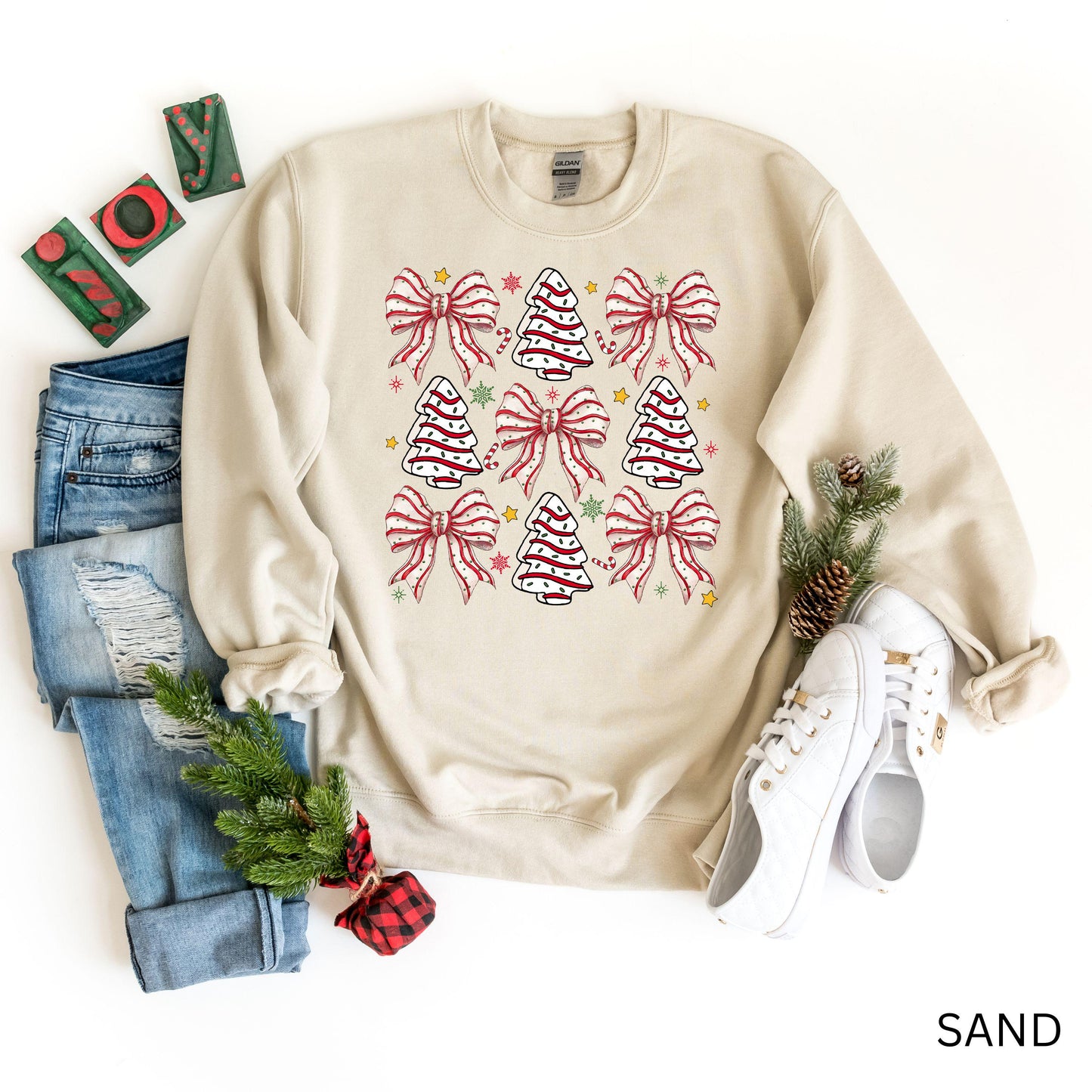 Christmas Tree Cake Sweatshirt, Christmas Coquette Bow Sweater, Festive Christmas Sweatshirt, Cute Christmas Sweatshirt, Bow Pattern Sweater