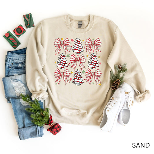 Christmas Tree Cake Sweatshirt, Christmas Coquette Bow Sweater, Festive Christmas Sweatshirt, Cute Christmas Sweatshirt, Bow Pattern Sweater