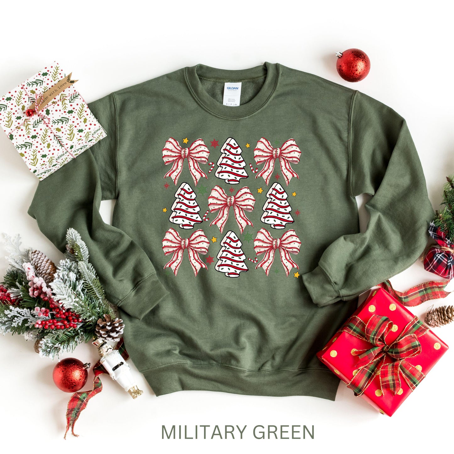 Christmas Tree Cake Sweatshirt, Christmas Coquette Bow Sweater, Festive Christmas Sweatshirt, Cute Christmas Sweatshirt, Bow Pattern Sweater