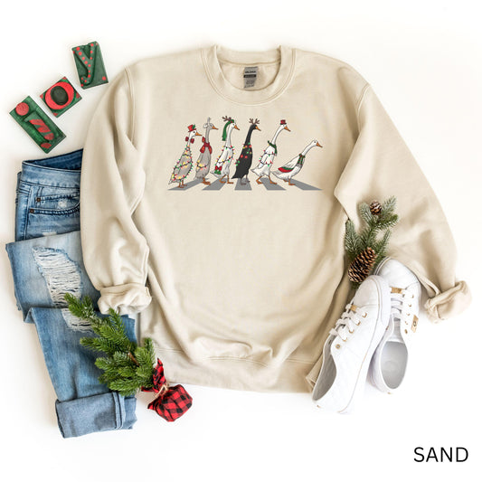 Festive Holiday Ducks Sweatshirt, Cozy Christmas Apparel, Christmas Geese Sweater, Christmas Duck Crossing Shirt, Funny Christmas Sweatshirt
