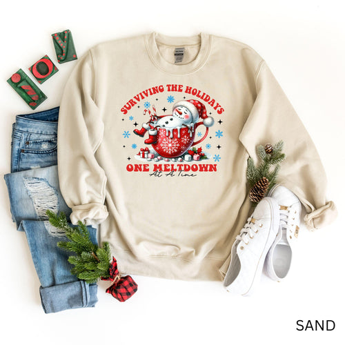 Christmas Snowman In Coffee Cup Sweatshirt, Surviving the Holidays Snowman Graphic Crewneck, Festive Holiday Sweat Gift, Cute Winter Hoodie