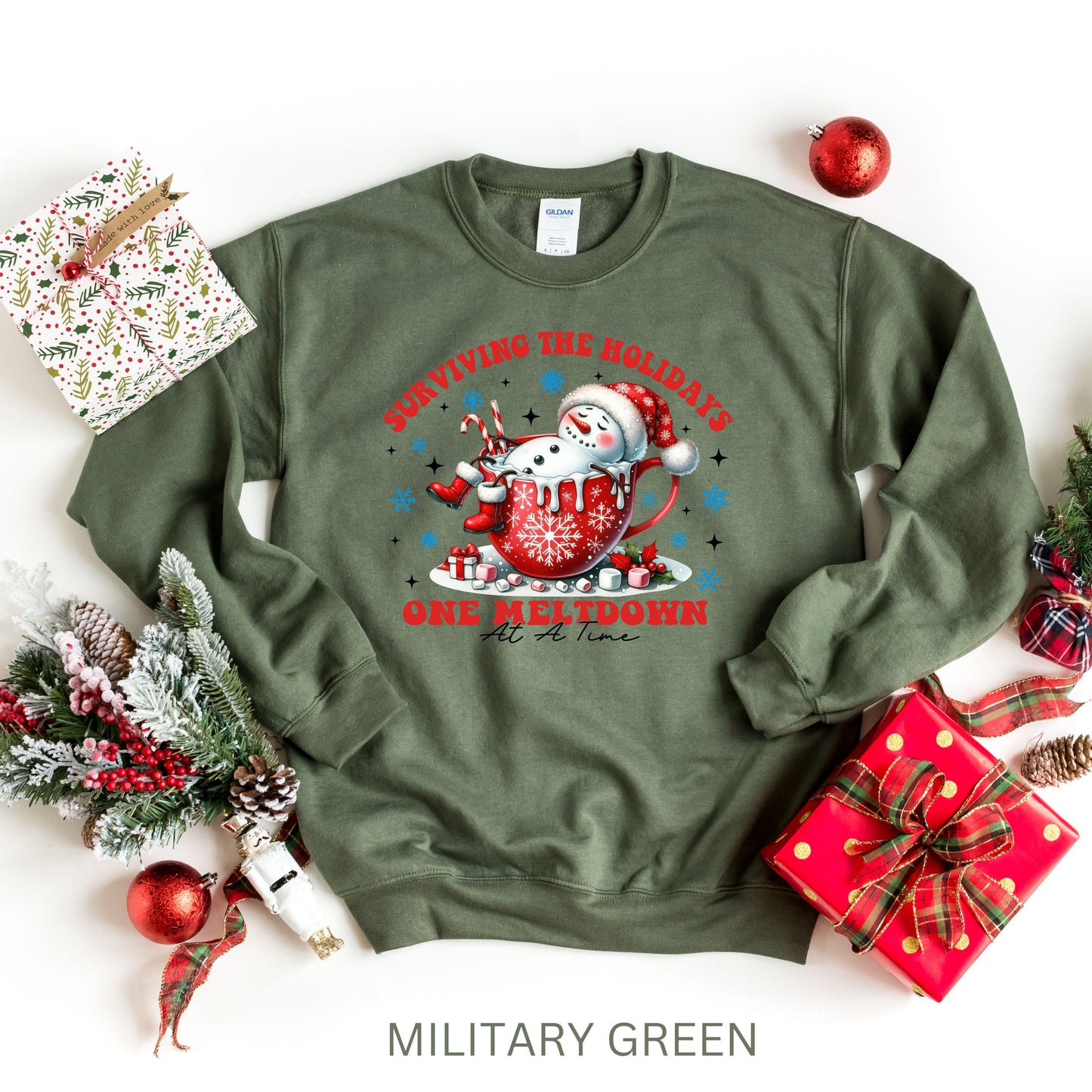 Christmas Snowman In Coffee Cup Sweatshirt, Surviving the Holidays Snowman Graphic Crewneck, Festive Holiday Sweat Gift, Cute Winter Hoodie