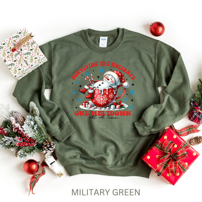 Christmas Snowman In Coffee Cup Sweatshirt, Surviving the Holidays Snowman Graphic Crewneck, Festive Holiday Sweat Gift, Cute Winter Hoodie