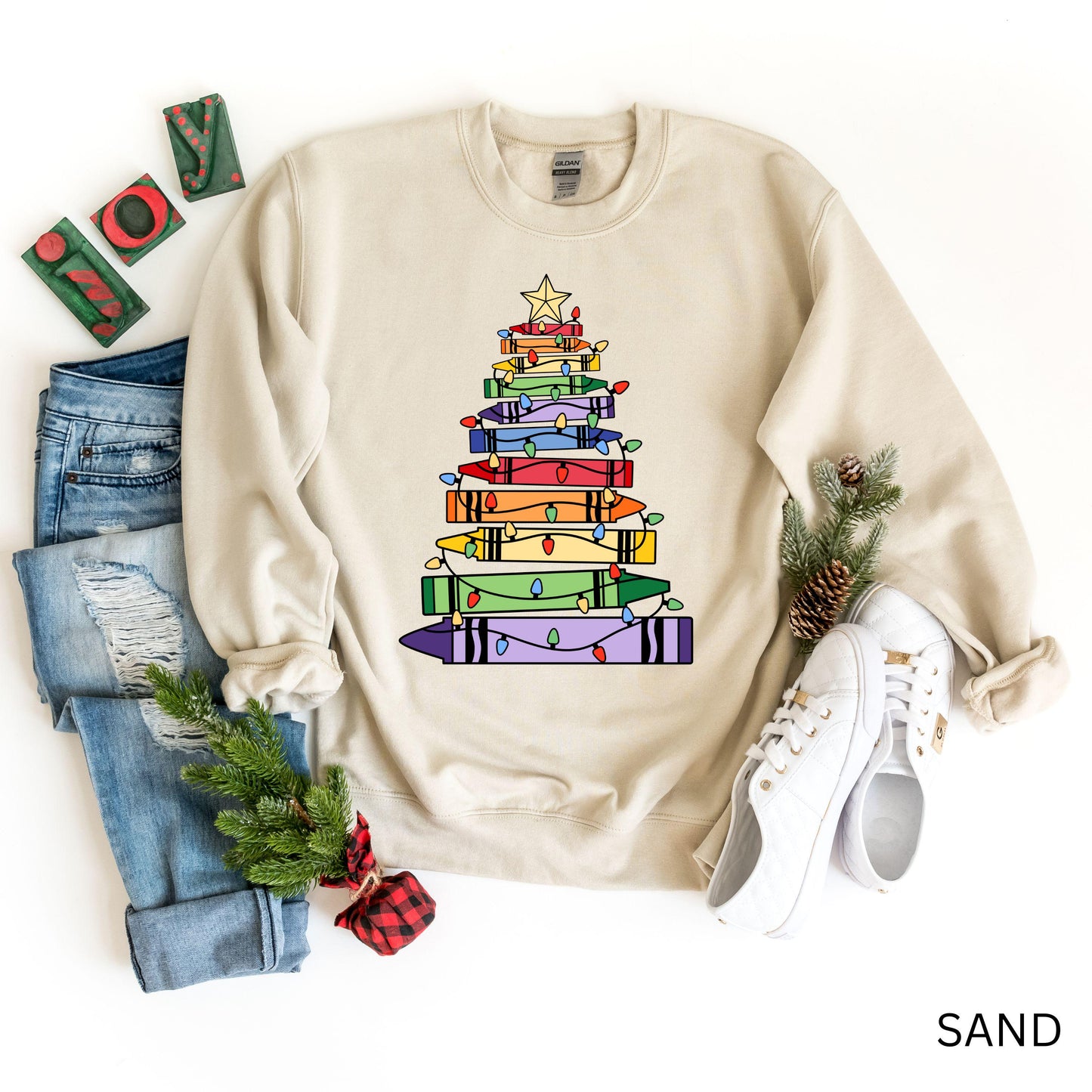 Colorful Christmas Tree Crayon Sweatshirt, Holiday Teacher Gift Crewneck, Cute Christmas Lights Hoodie, Art Lover Christmas Pullover