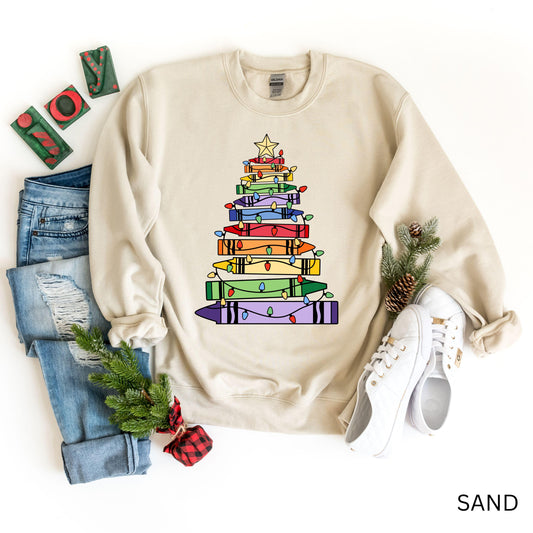 Colorful Christmas Tree Crayon Sweatshirt, Holiday Teacher Gift Crewneck, Cute Christmas Lights Hoodie, Art Lover Christmas Pullover