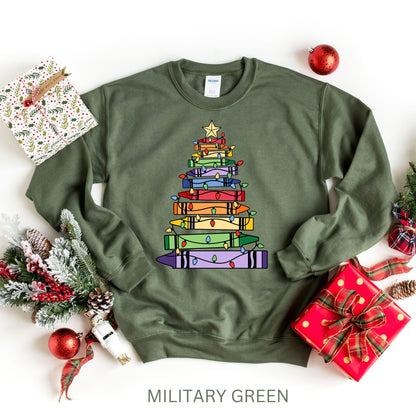 Colorful Christmas Tree Crayon Sweatshirt, Holiday Teacher Gift Crewneck, Cute Christmas Lights Hoodie, Art Lover Christmas Pullover