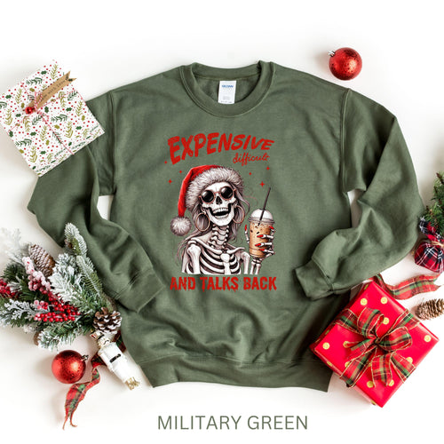 Funny Skeleton Christmas Sweatshirt, Expensive and Talks Back Santa Graphic, Sassy Holiday Gift, Cute Skeleton Xmas Crewneck for Women