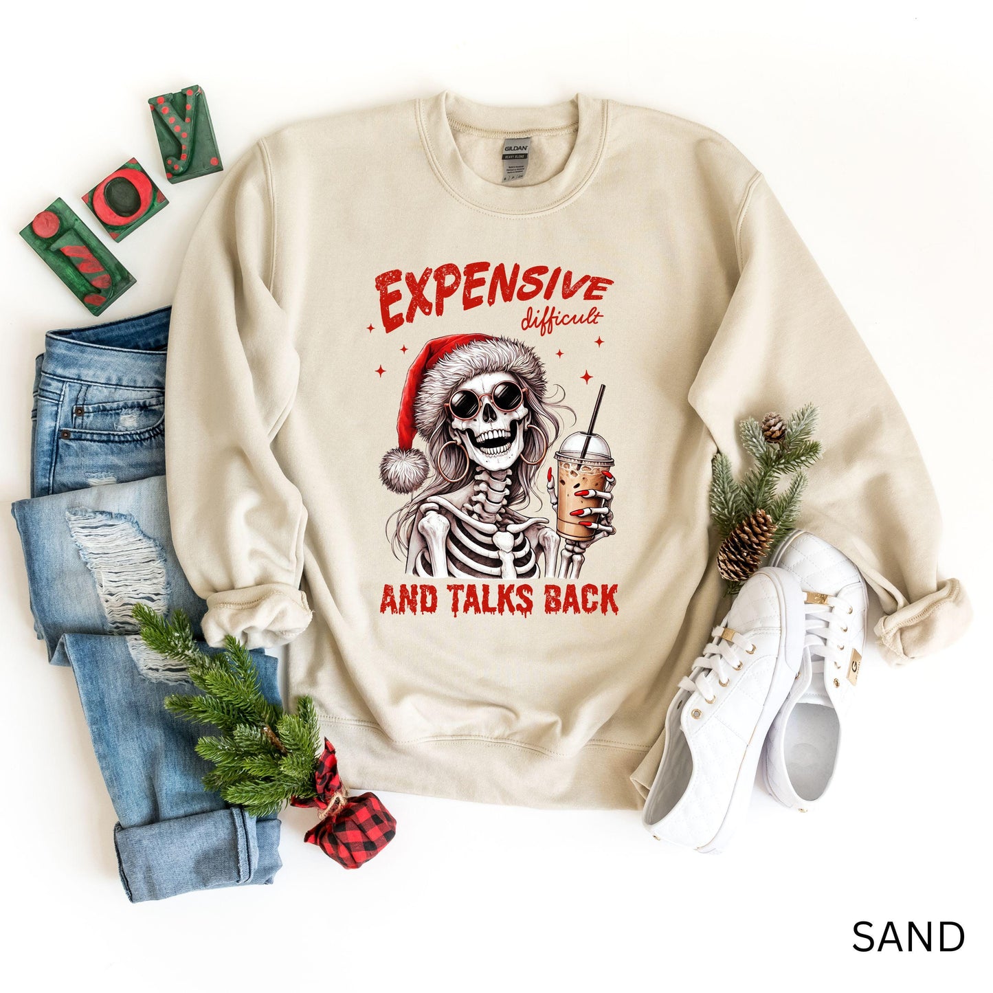Funny Skeleton Christmas Sweatshirt, Expensive and Talks Back Santa Graphic, Sassy Holiday Gift, Cute Skeleton Xmas Crewneck for Women