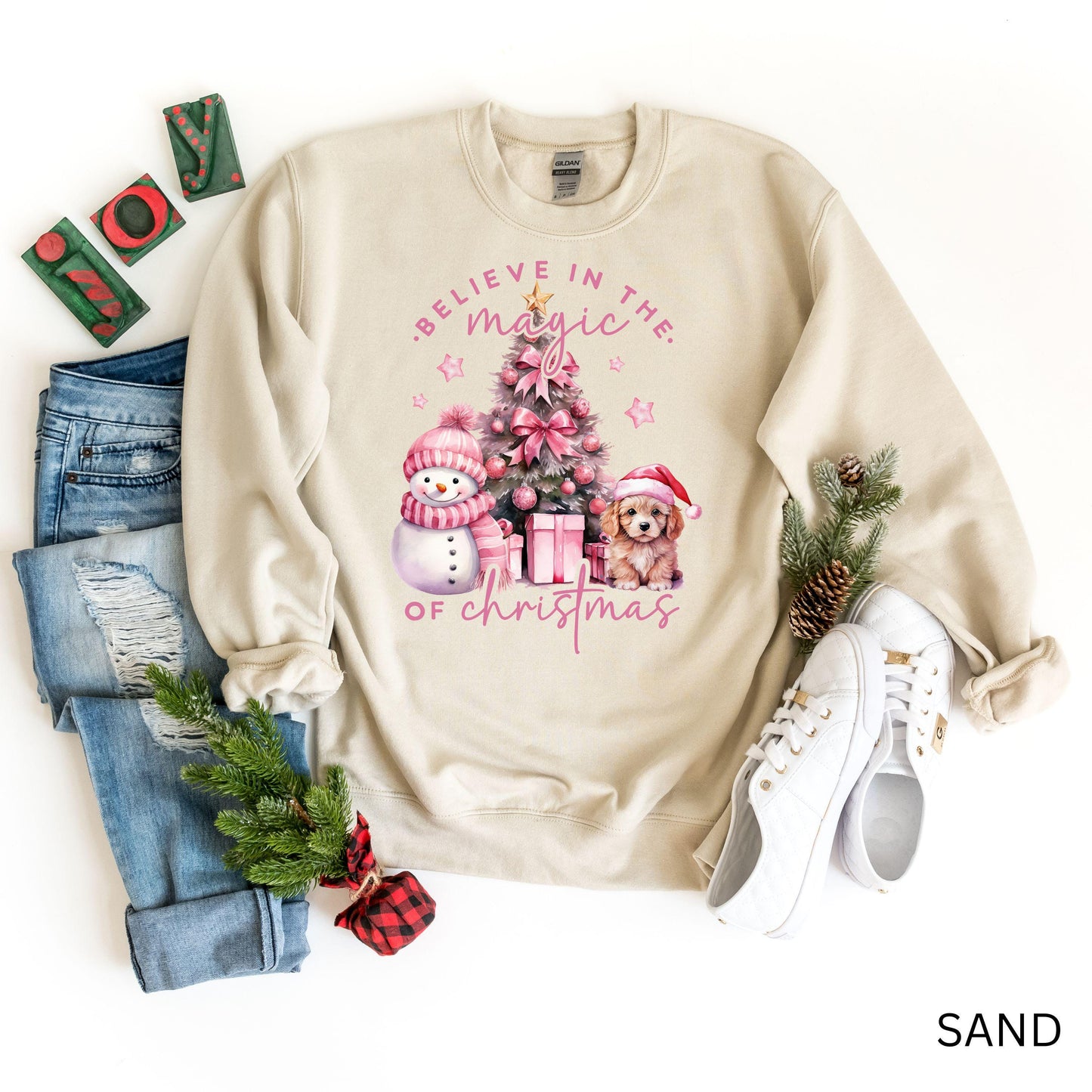 Pink Christmas Sweatshirt, Believe in the Magic of Christmas Hoodie, Cute Christmas Sweater with Dog and Snowman, Magical Christmas Shirt