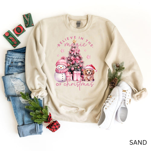 Pink Christmas Sweatshirt, Believe in the Magic of Christmas Hoodie, Cute Christmas Sweater with Dog and Snowman, Magical Christmas Shirt