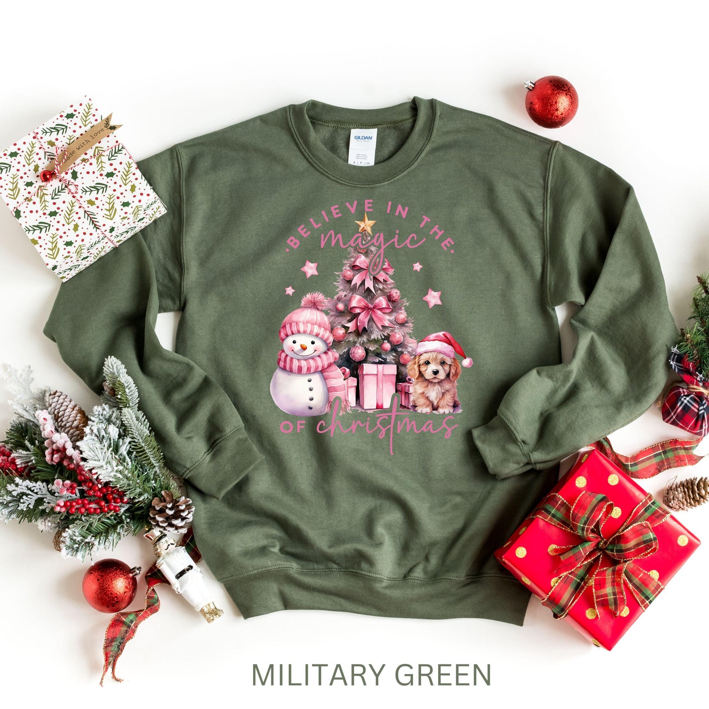 Pink Christmas Sweatshirt, Believe in the Magic of Christmas Hoodie, Cute Christmas Sweater with Dog and Snowman, Magical Christmas Shirt