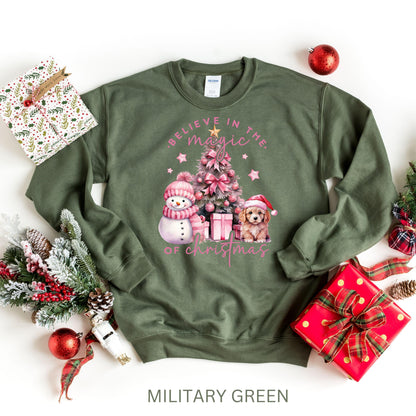Pink Christmas Sweatshirt, Believe in the Magic of Christmas Hoodie, Cute Christmas Sweater with Dog and Snowman, Magical Christmas Shirt