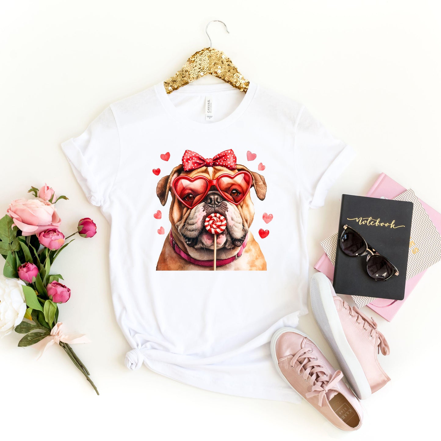 Cute Bulldog Valentine's Day T-Shirt, Puppy Love Tee, Valentine Gift for Dog Lover, Sweet Dog with Lollipop T-Shirt, Valentine's Day Apparel