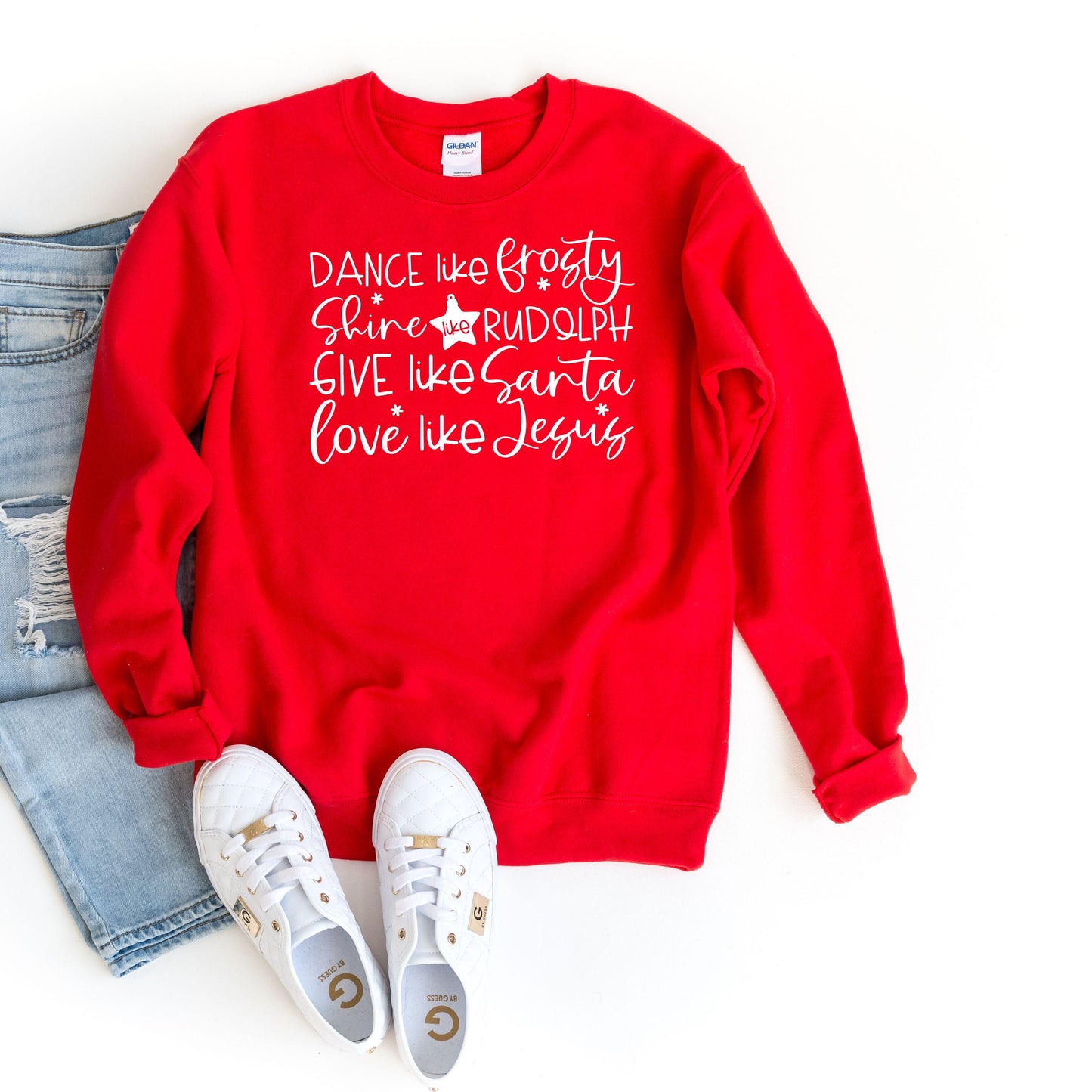 Dance Like Frosty Shine Like Rudolph Give Like Santa Love Like Jesus Sweathirt, Cute Christmas Crewneck, Christmas Gift Hoodie,Holiday Santa