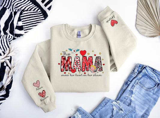 Personalized Mama Sweatshirt - Heart on Sleeve Design for Mom, Nana, and More! Custom Mama Sweatshirt - Family Names Heart Sleeve Design