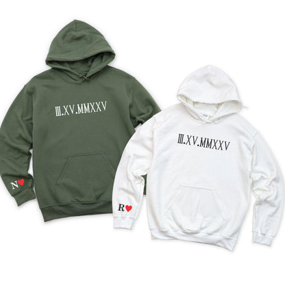 Custom Roman Numeral Sweatshirt, Couples Gift - Personalized Gift Date Hoodie Initial on Sleeve - Couple Engagements, 1st Anniversary gift,