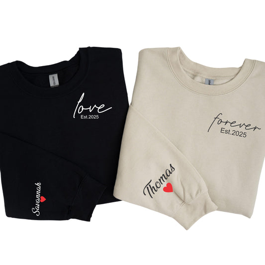 Personalized Couple Sweatshirt, Custom Name on the Sleeve Hoodie, Love Forever Sweatshirt, Wifey Hubby Sweatshirt, Bride Groom Sweater