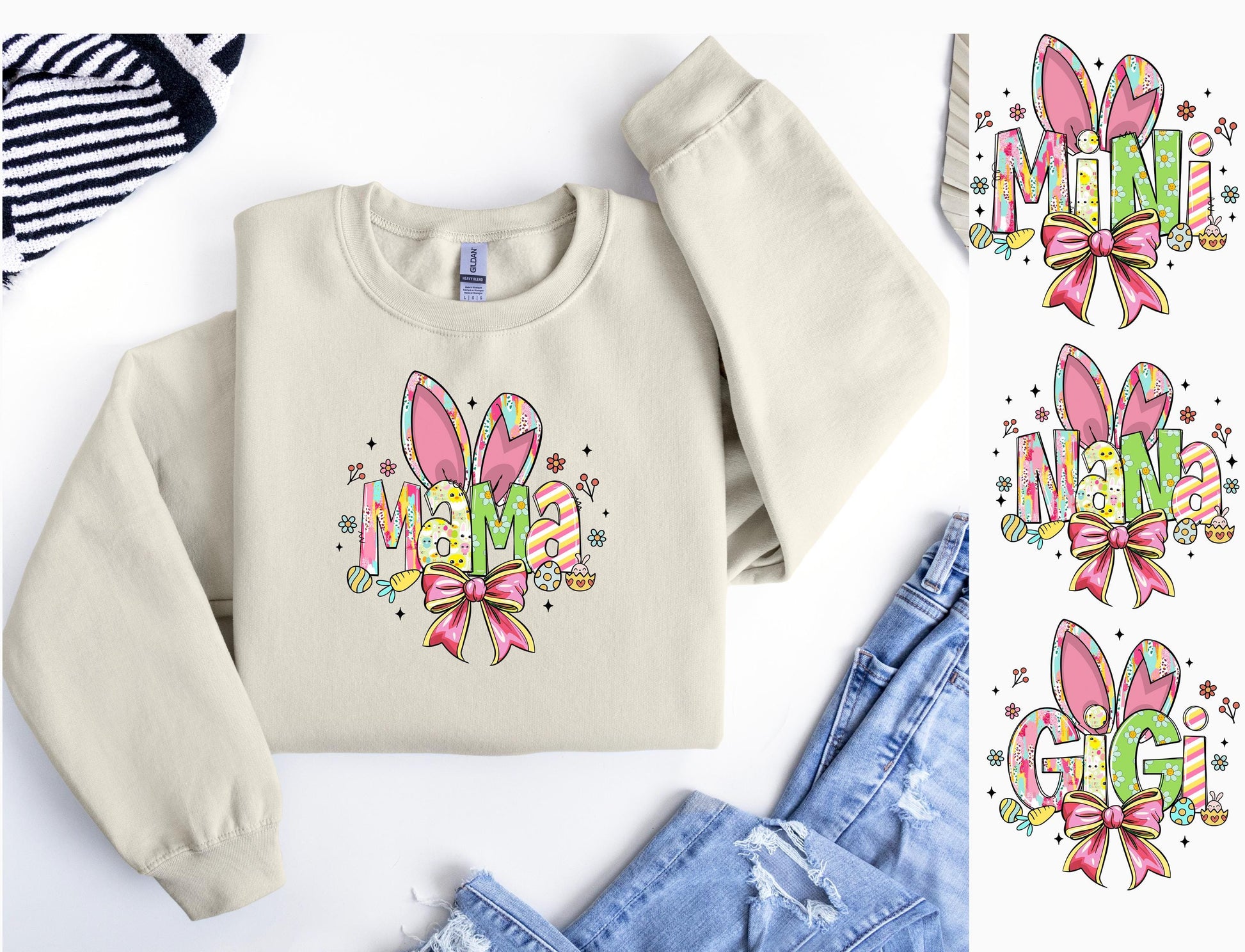 Personalized Easter Bunny Sweatshirt for Mama, Nana, Gigi & Mini - Cute Easter Bunny Ear Design with Bow - Spring Family Outfit Gift