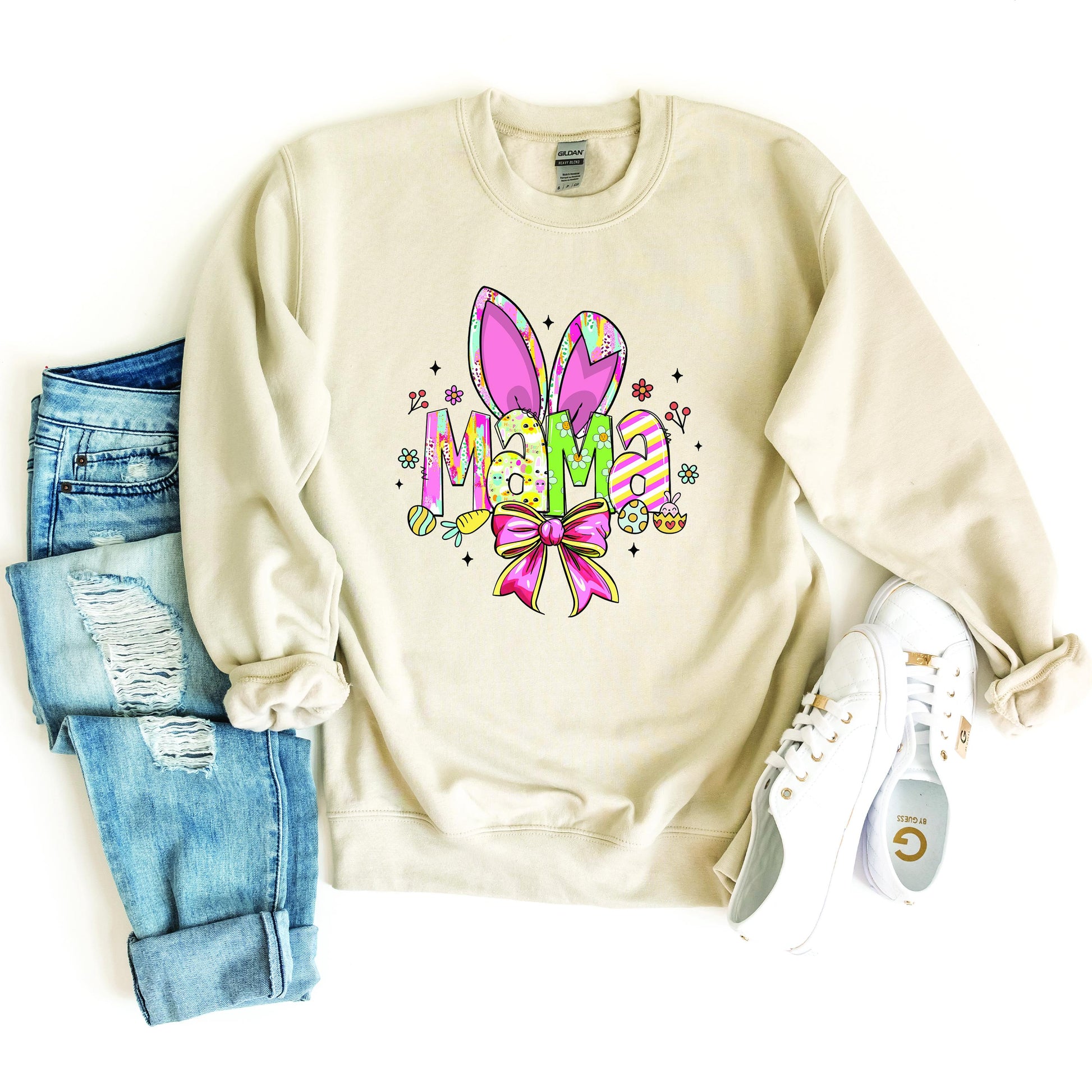 Personalized Easter Bunny Sweatshirt for Mama, Nana, Gigi & Mini - Cute Easter Bunny Ear Design with Bow - Spring Family Outfit Gift