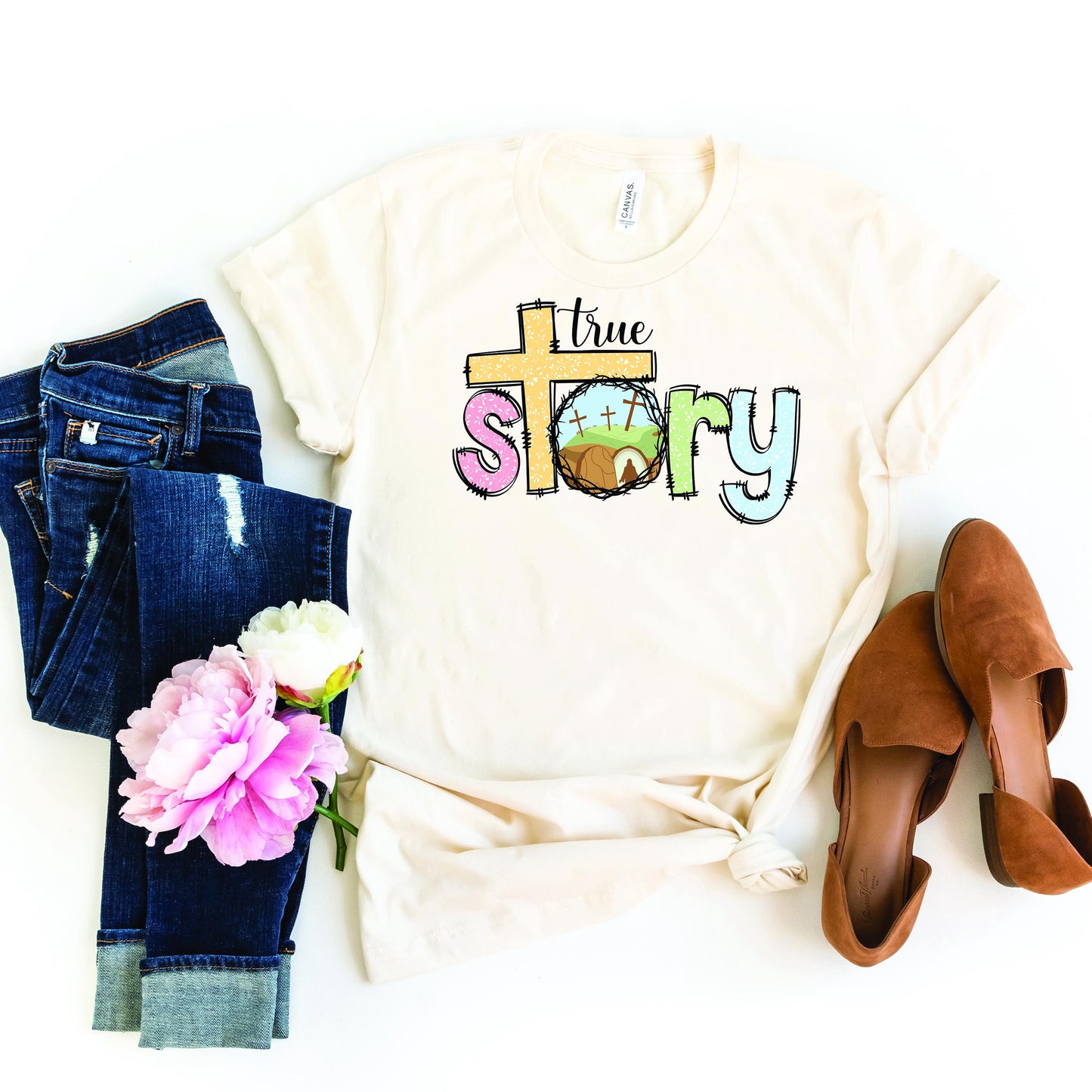 Easter True Story T-Shirt - Christian Cross and Resurrection Design-Religious Easter Gift-Inspirational Faith Tee in Multiple Colors & Sizes