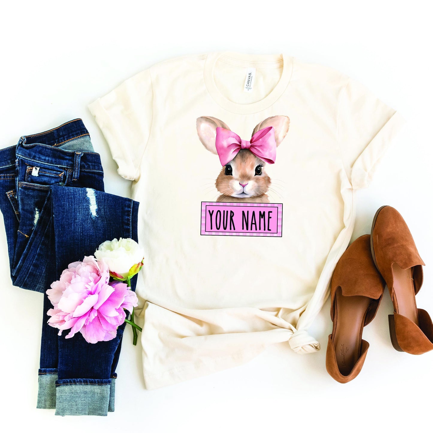 Customizable Bunny T-Shirt with Pink Bow - Personalized Name Tee for Women - Cute Rabbit with Bow Design