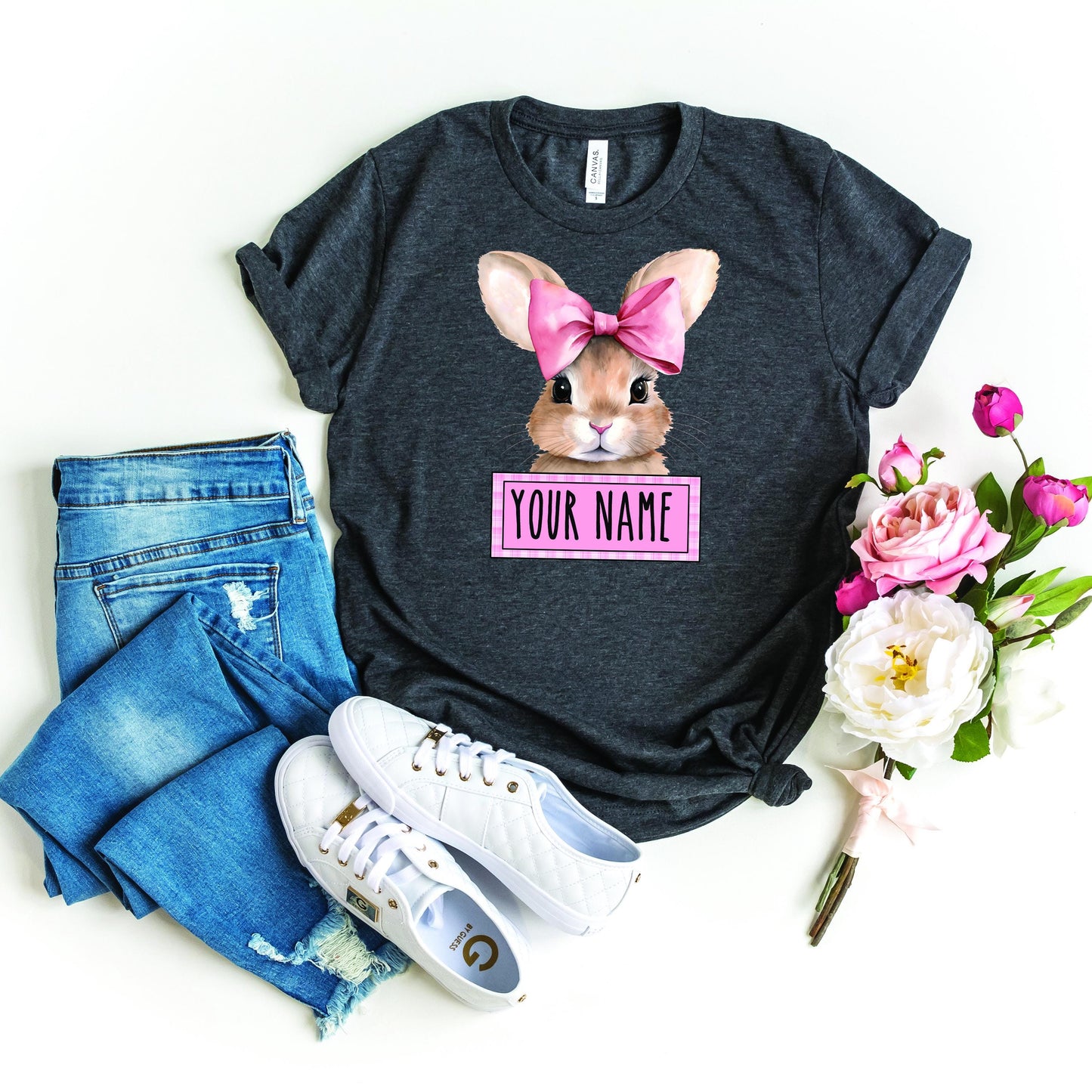 Customizable Bunny T-Shirt with Pink Bow - Personalized Name Tee for Women - Cute Rabbit with Bow Design