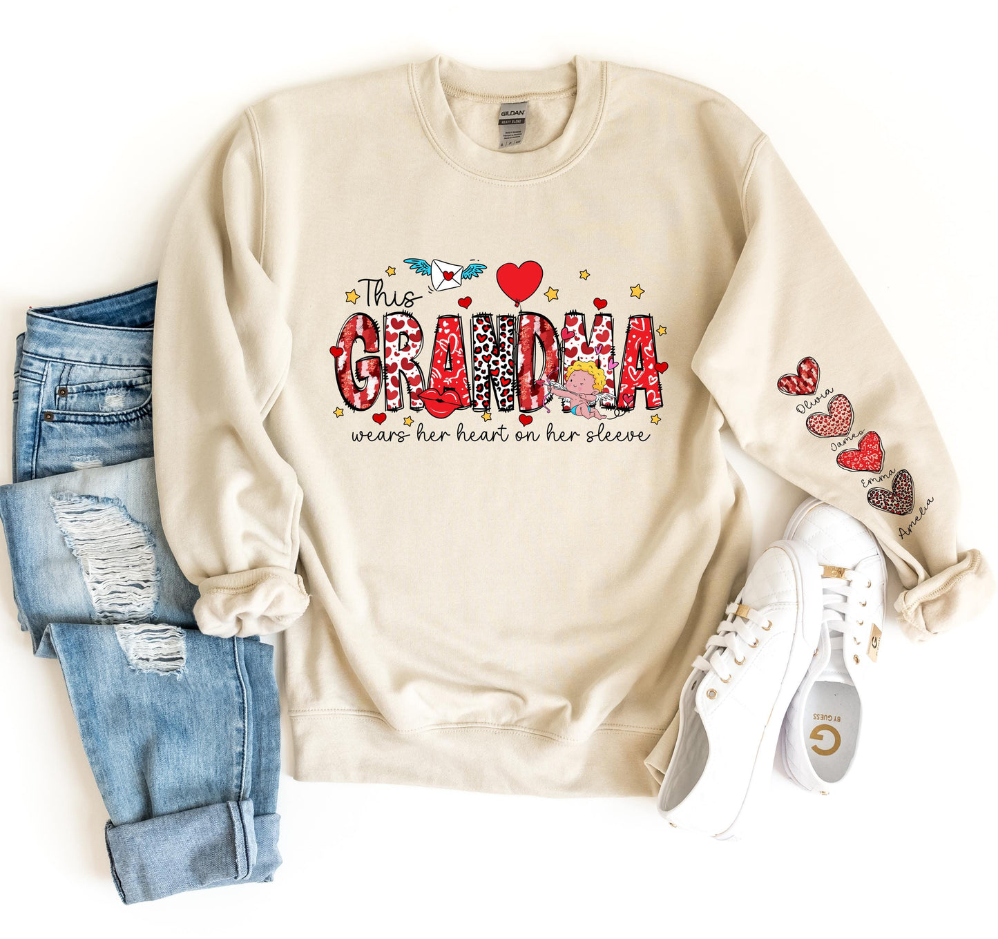 Personalized Mama Sweatshirt - Heart on Sleeve Design for Mom, Nana, and More! Custom Mama Sweatshirt - Family Names Heart Sleeve Design