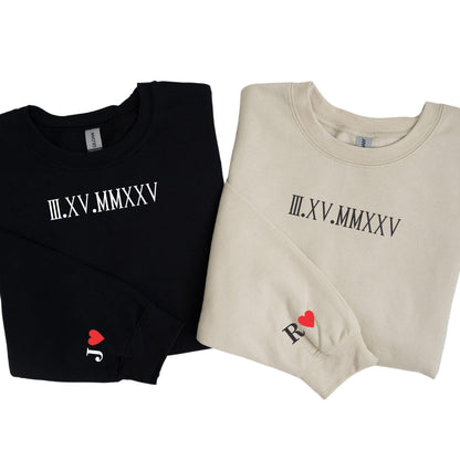 Custom Roman Numeral Sweatshirt, Couples Gift - Personalized Gift Date Hoodie Initial on Sleeve - Couple Engagements, 1st Anniversary gift,
