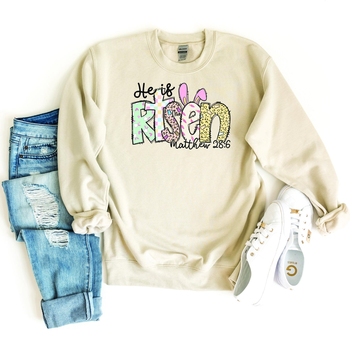 He is Risen Easter Sweatshirt, Matthew 28:6 Bible Verse, Christian Apparel, Cute Easter Bunny Sweatshirt, Religious Spring Hoodie