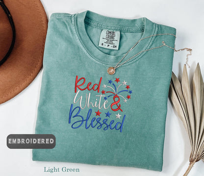 Red White and Blessed Shirt, Comfort Colors® Embroidered 4th of July Tee, Patriotic  Shirt, USA Pride, American Flag Graphic Tee
