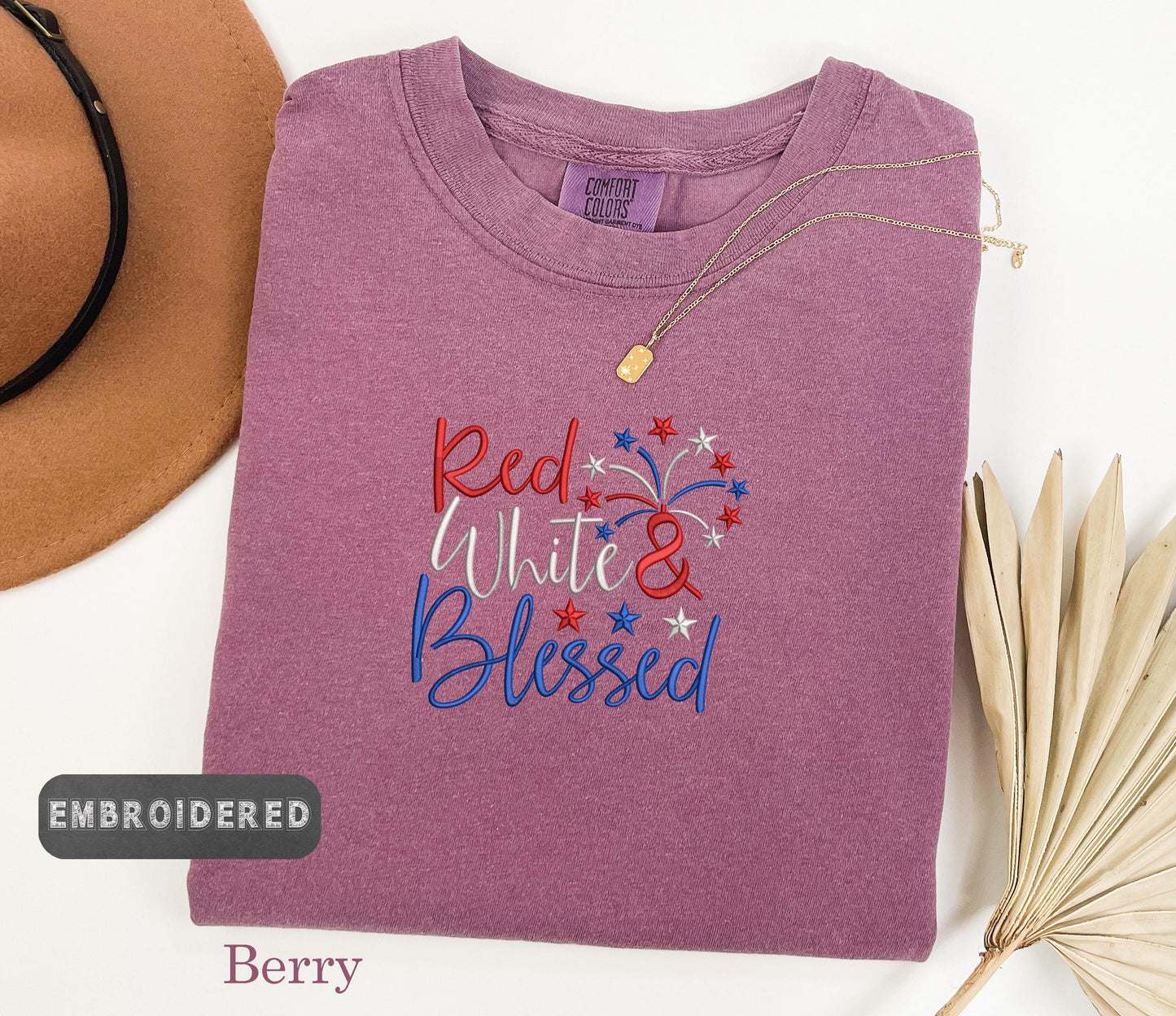 Red White and Blessed Shirt, Comfort Colors® Embroidered 4th of July Tee, Patriotic  Shirt, USA Pride, American Flag Graphic Tee