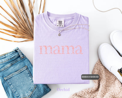 Comfort Colors® Embroidered Mama T-Shirt, Unique Handcrafted Tee, Pastel Tee, Embroidered Shirt, Mother's Day Gift, Mom Life Shirt