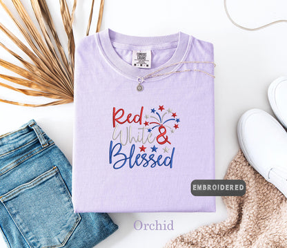 Red White and Blessed Shirt, Comfort Colors® Embroidered 4th of July Tee, Patriotic  Shirt, USA Pride, American Flag Graphic Tee