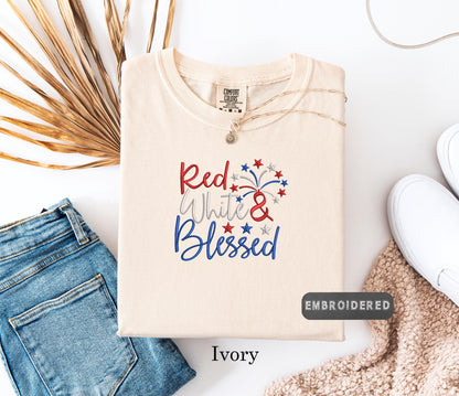 Red White and Blessed Shirt, Comfort Colors® Embroidered 4th of July Tee, Patriotic  Shirt, USA Pride, American Flag Graphic Tee