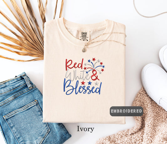 Red White and Blessed Shirt, Comfort Colors® Embroidered 4th of July Tee, Patriotic  Shirt, USA Pride, American Flag Graphic Tee