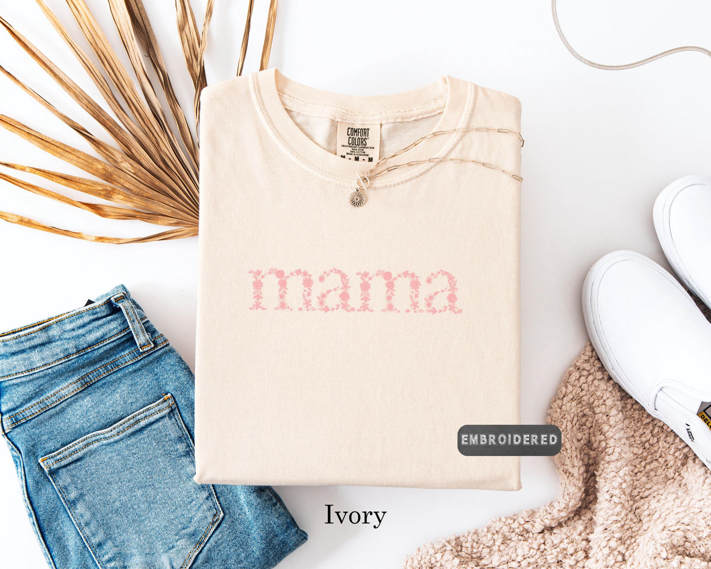 Comfort Colors® Embroidered Mama T-Shirt, Unique Handcrafted Tee, Pastel Tee, Embroidered Shirt, Mother's Day Gift, Mom Life Shirt