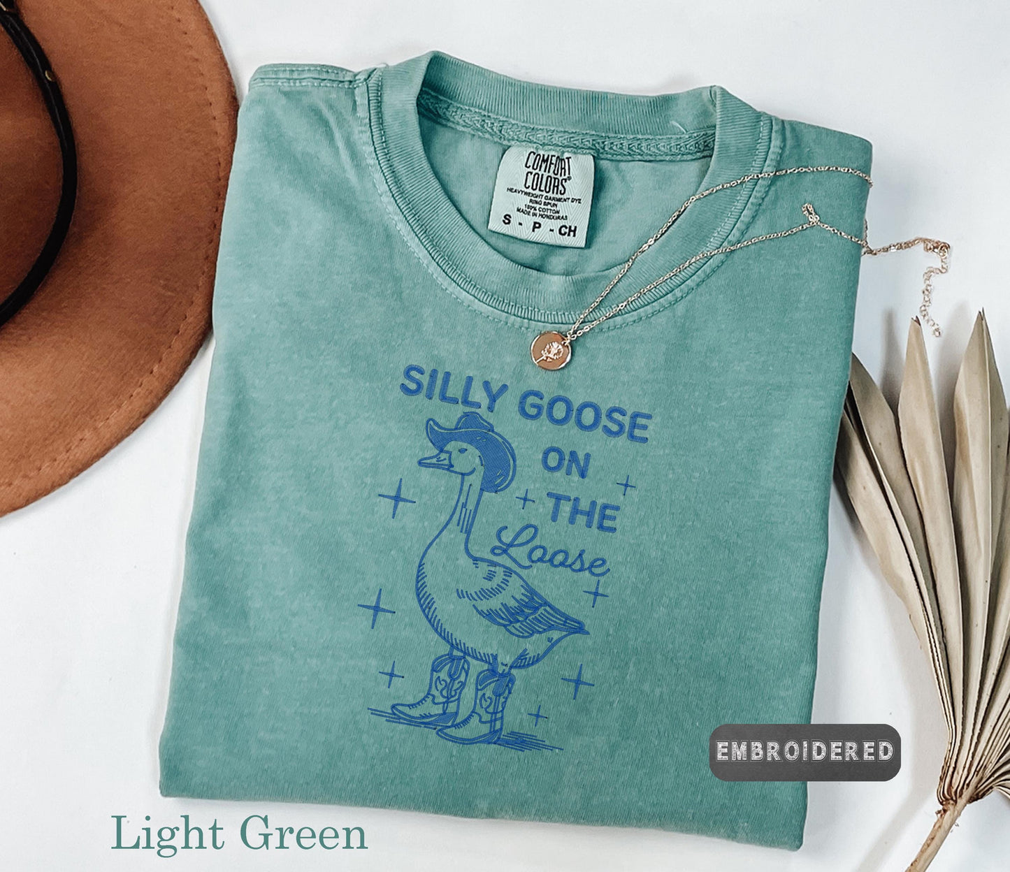Comfort Colors®Embroidered Goose T-Shirt, Silly Goose On The Loose Embroidered T-Shirt, Funny Goose Tee, Cowboy Goose, Gift for Goose Lovers