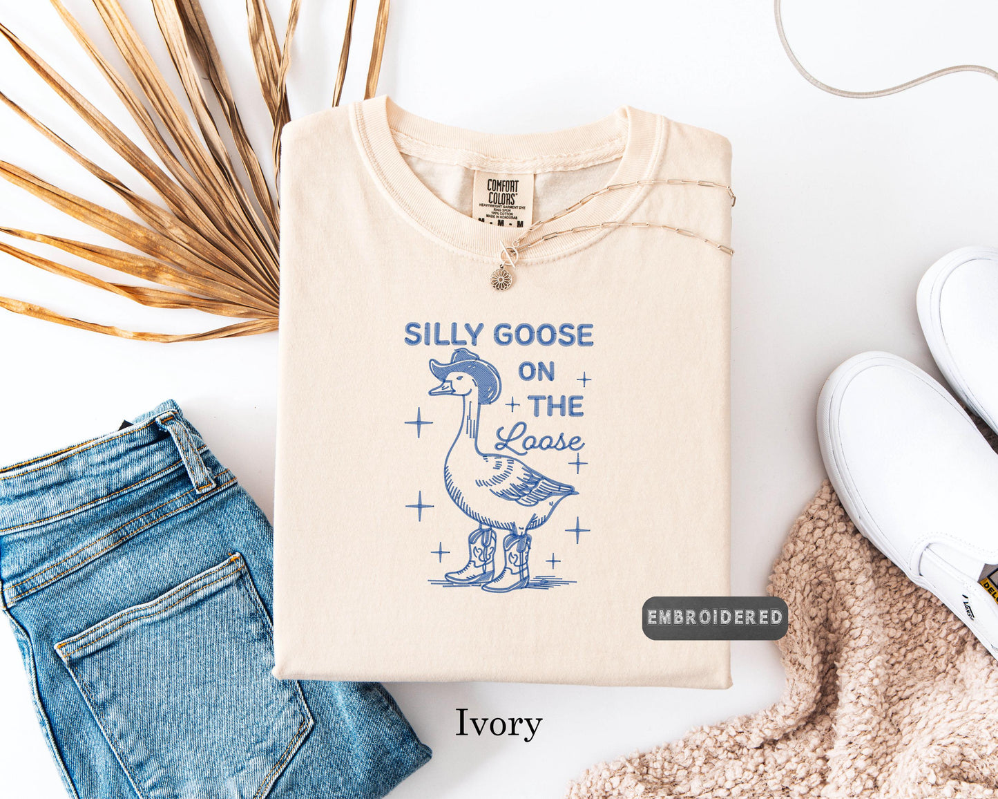 Comfort Colors®Embroidered Goose T-Shirt, Silly Goose On The Loose Embroidered T-Shirt, Funny Goose Tee, Cowboy Goose, Gift for Goose Lovers