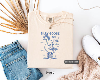 Comfort Colors®Embroidered Goose T-Shirt, Silly Goose On The Loose Embroidered T-Shirt, Funny Goose Tee, Cowboy Goose, Gift for Goose Lovers