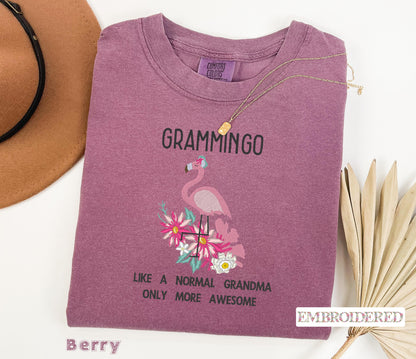 Embroidered Grammingo Comfort Colors T-Shirt, Floral Flamingo Grandma Tee, Embroidered Flamingo Design Shirt