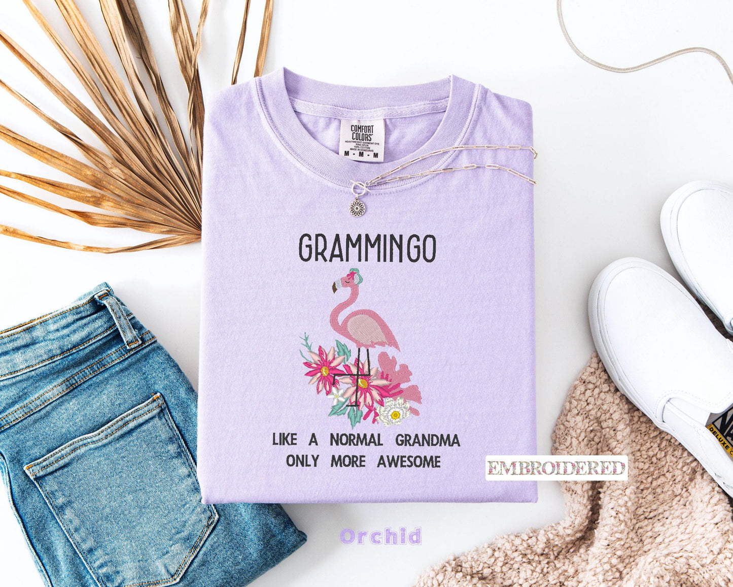 Embroidered Grammingo Comfort Colors T-Shirt, Floral Flamingo Grandma Tee, Embroidered Flamingo Design Shirt