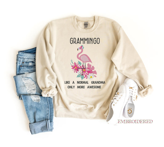 Funny Embroidered Grandma Flamingo Sweatshirt, Cute Grammingo Gift for Grandmother, Embroidered Floral Hoodie, Unique Grandma Birthday Gift