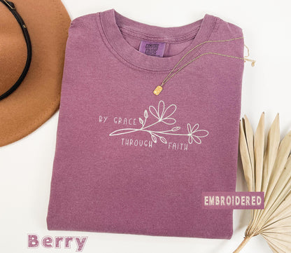 Embroidered Floral Line Art T-Shirt, Inspirational Quote Tee, Embroidered "By Grace Through Faith" t-shirt in different colors