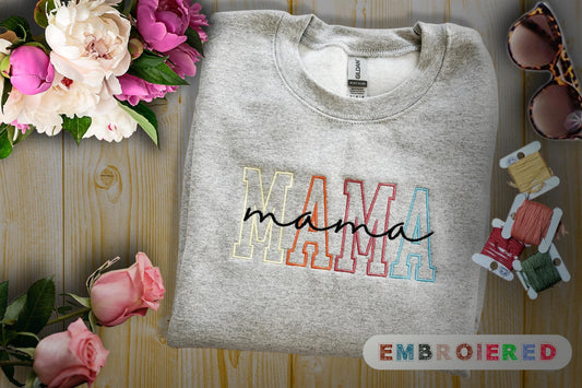 Embroidered MAMA Sweatshirt - Personalized Gift for Mom -Colorful Outline Stitch Crewneck-Cozy Mother's Day Sweatshirt-Embroidered Mom Sweat
