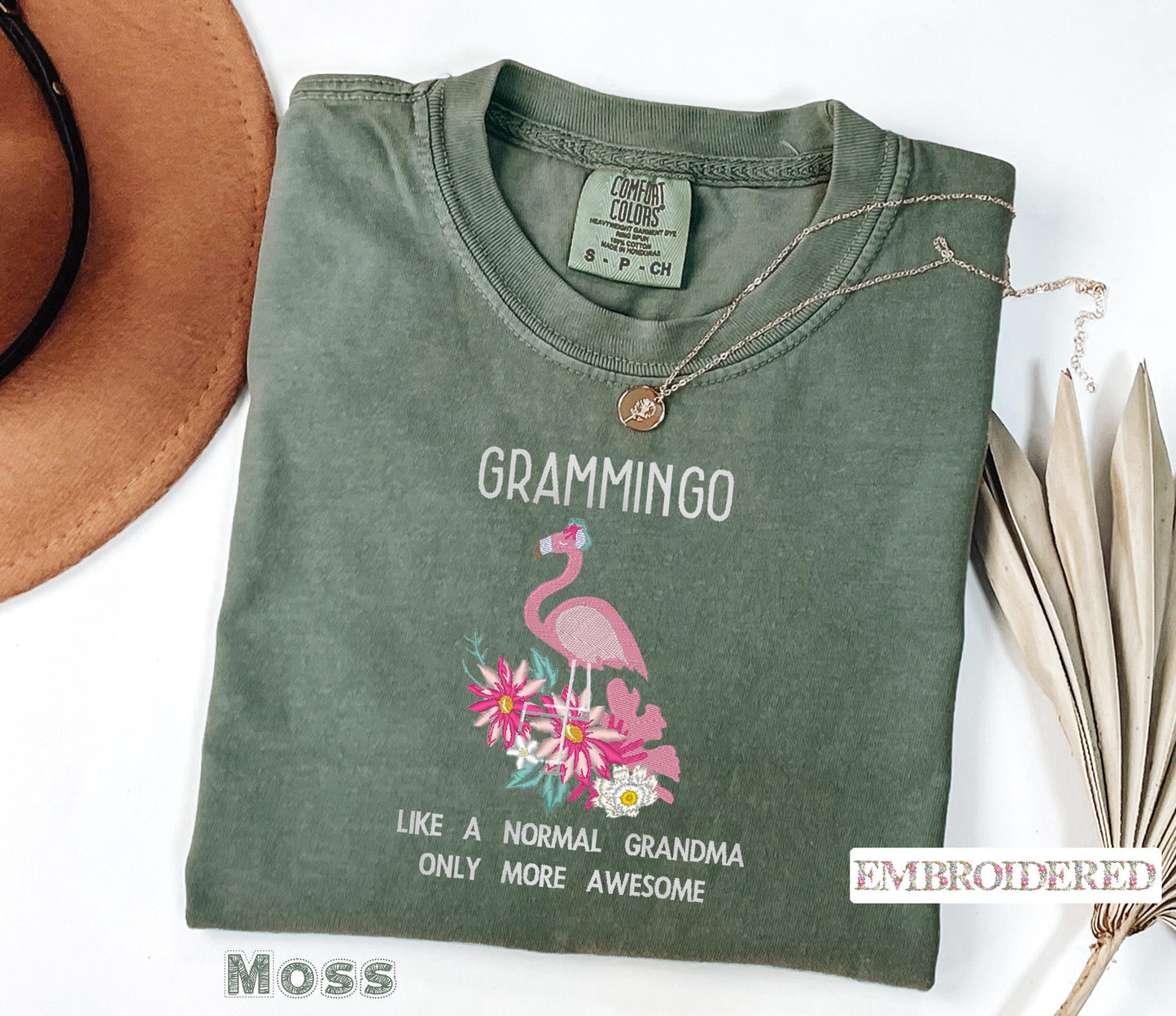 Embroidered Grammingo Comfort Colors T-Shirt, Floral Flamingo Grandma Tee, Embroidered Flamingo Design Shirt