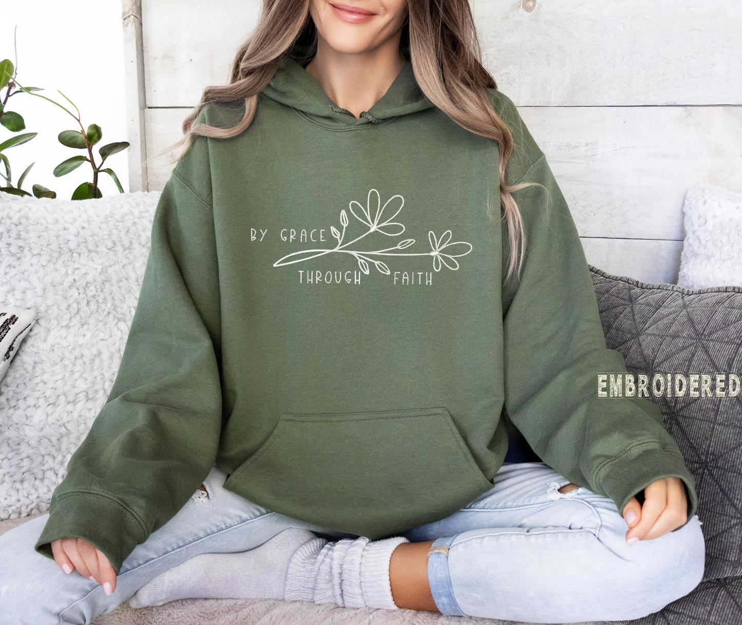 By Grace Through Faith Embroidered Christian Sweatshirt, Religious Bible Verse Sweater, Faith Based Gift for Women and Men