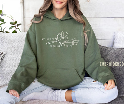 By Grace Through Faith Embroidered Christian Sweatshirt, Religious Bible Verse Sweater, Faith Based Gift for Women and Men