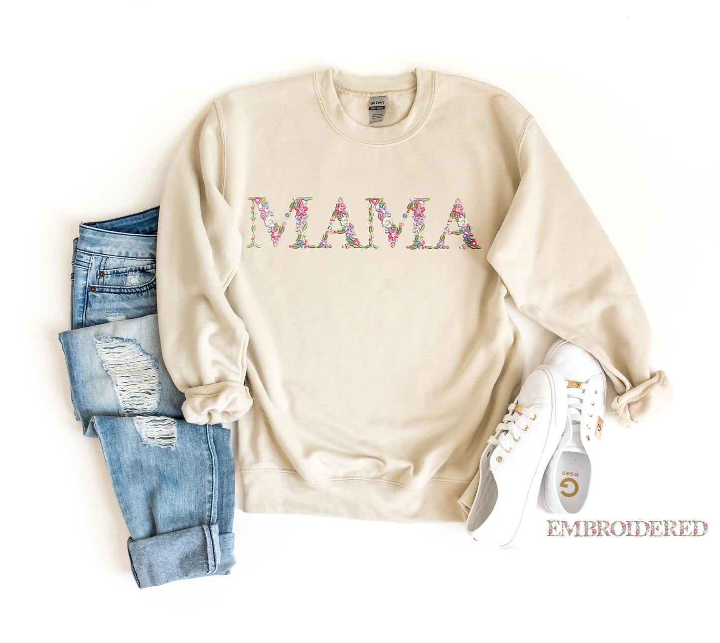 Embroidered Floral Mama, Aunt, Gigi Sweatshirt & Hoodie - Mother's Day Gift - Boho Style Sweatshirt - Custom Floral MAMA Hoodie