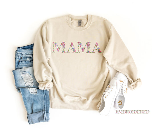 Embroidered Floral Mama, Aunt, Gigi Sweatshirt & Hoodie - Mother's Day Gift - Boho Style Sweatshirt - Custom Floral MAMA Hoodie